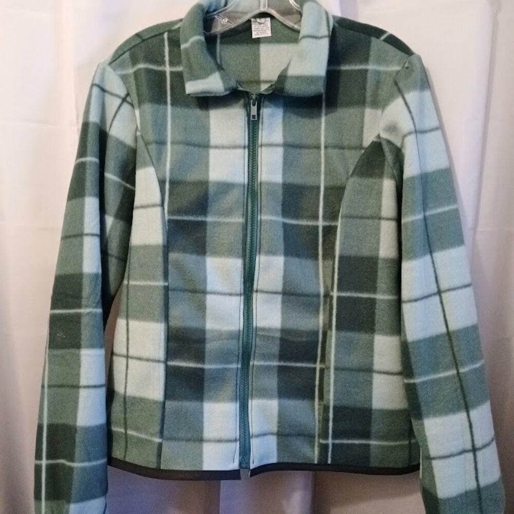 New Plaid Fleece Full Zip up Sweatshirt womens L Green Sage Collared w/2 Pockets